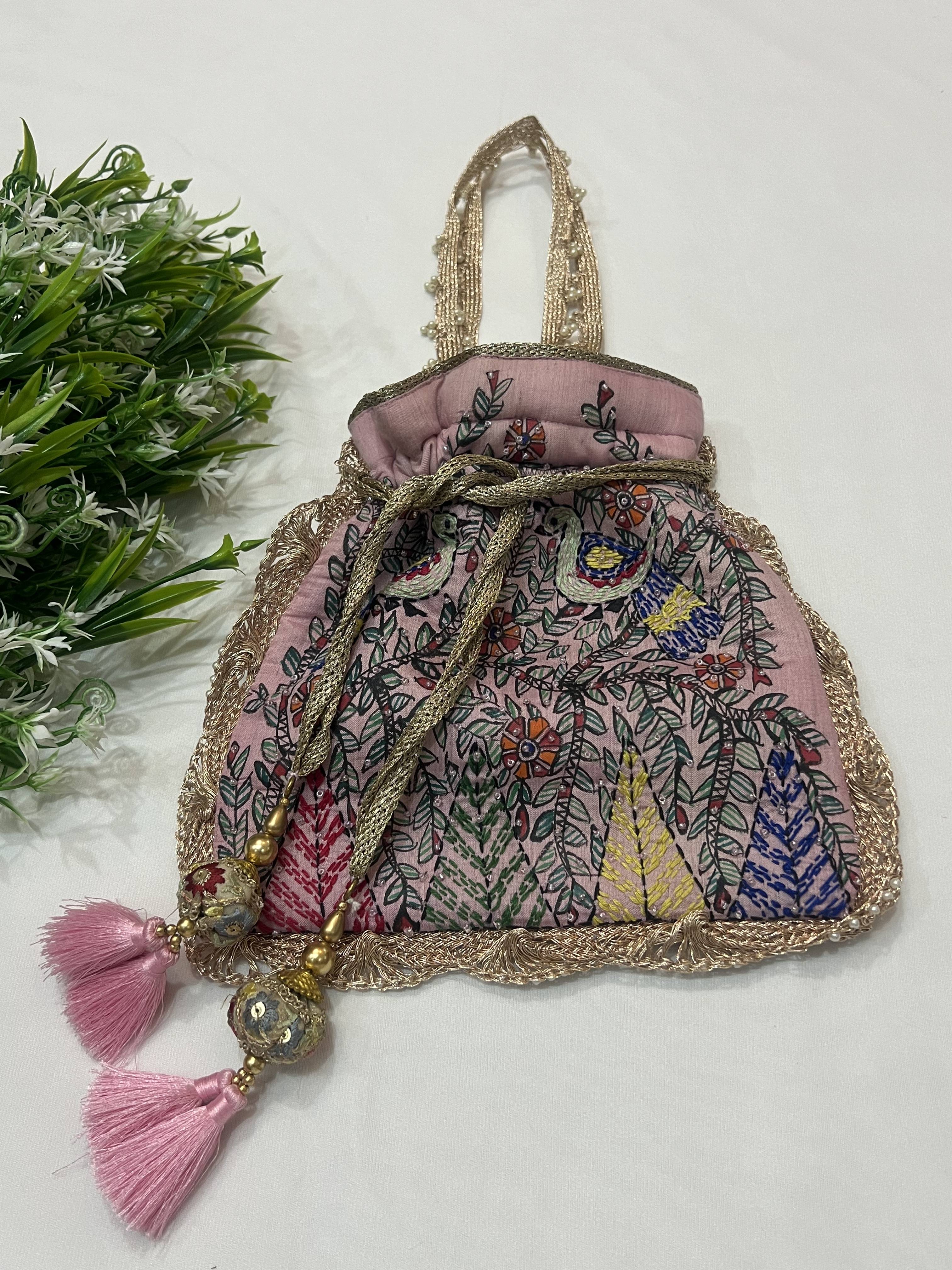 Hand-Painted Pink Potli with Madhubani and Sujni Hand Embroidery